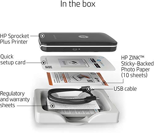 HP Sprocket Plus Instant Photo Printer (Black) Prints on 2.3x3.4” Zink Sticky Back Pictures Straight from Smartphone & Social Media.