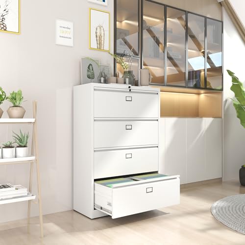 VIYET Lateral File Cabinet with Lock, 4 Drawer Metal Filing Cabinet - White