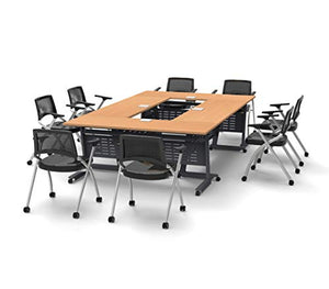 Team Tables 8 Person Training Meeting Seminar Classroom Model 5600 Beech Folding Industrial Caster Z-Base - Tables Connect - Modesty Panel, Shelf, Power+USB Outlet - Fold+Nest Storage (Seating Included)