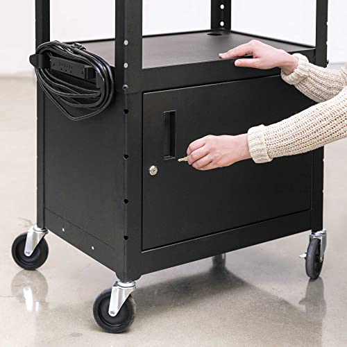 Stand Steady Line Leader AV Cart with Locking Cabinet - Black Metal Utility Cart with Storage Shelf
