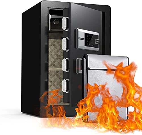 VrixTT Fingerprint Safe Box Fireproof Waterproof, 2.2 Cubic Feet Solid Alloy Steel Safe with Waterproof Bag, Electronic Digital Safe Box for Protect Jewelry, Valuables