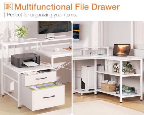 ODK L Shaped Desk with File Drawer, 75" Reversible Computer Desk, Power Outlet, LED Strip, Storage Shelves, Monitor Shelf - White