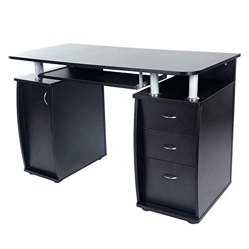 Black Home Office Style Computer Desk Slide-Out Keyboard Tray 3 Storage Drawers 1 Cabinet with 2 Layers Shelf Laptop Notebook PC Workstation Writing Reading Table Ideal for Business Or Personal Use