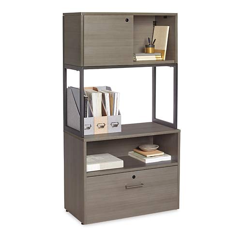 30" Wide Hutch with Sliding Door Gray Laminate/Black Steel Base