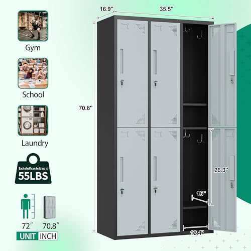 Letaya Metal Lockers for Employees, 71" Storage Cabinet with Lock, Steel Locker for Gym, School, Home, Office Staff (Black Grey, 6 Door)