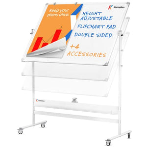 Magnetic Mobile Whiteboard 70” x 36” - Double-Sided, Height-Adjustable - 4 Free Accessories (A1 Flipchart & Holders/Eraser/Clock) - 2X More Stain-Resistant, No Ghosting | White Frame