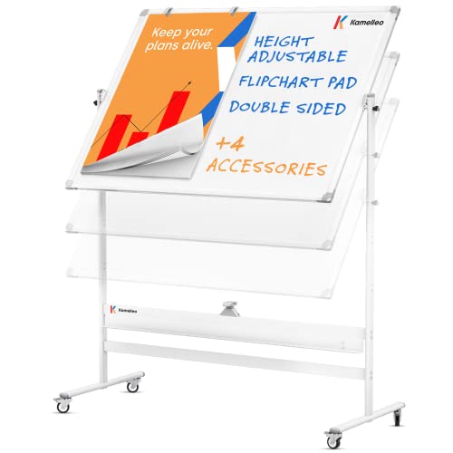 Magnetic Mobile Whiteboard 70” x 36” - Double-Sided, Height-Adjustable - 4 Free Accessories (A1 Flipchart & Holders/Eraser/Clock) - 2X More Stain-Resistant, No Ghosting | White Frame