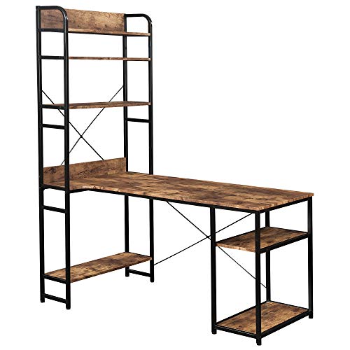 Modern Luxe L-Shaped Corner with Bookshelf 2-Pieces Computer PC Table Set Home Office Desk with Shelves, Brown