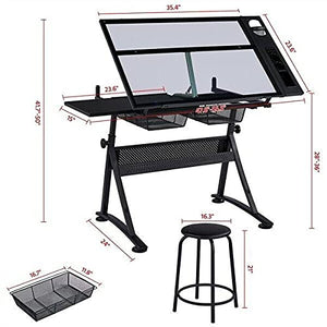 Glass Drafting Table Artists Drawing Desk Adjustable with 2 Drawers & Stool Supplies Adjustable Desk Craft Table Drafting Table Office Furniture Drawing Supplies Desk Drawing Table Craft Desk
