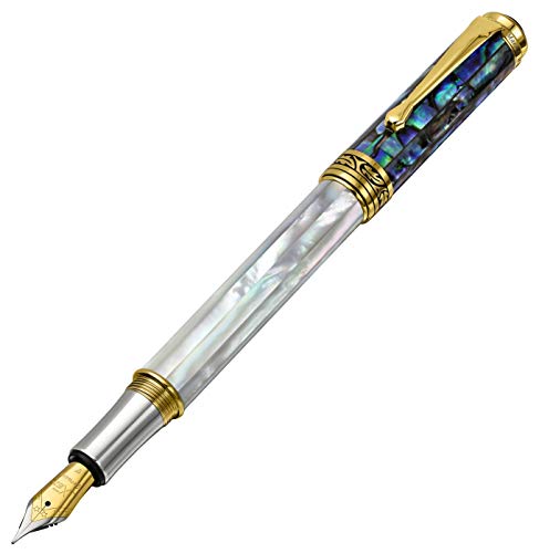 Xezo Maestro Handcrafted Oceanic Origin White Mother of Pearl and Paua Sea Shell Serialized Fine Fountain Pen. 18K Gold, Platinum Plated. No Two Alike
