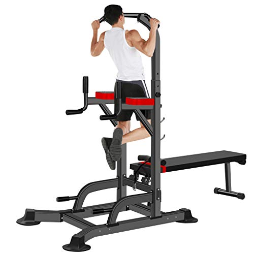 wavsurf Power Tower Workout Dip Station for Home Gym Strength Training Fitness Equipment with Dumbbell Bench