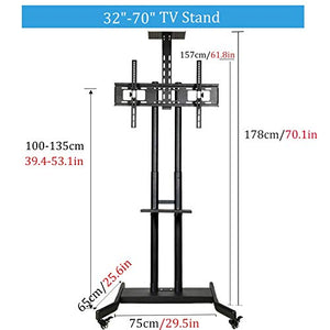 RonGQi Adjustable Mobile TV Stand with Storage Shelf, Heavy Duty Base, Rolling TV Cart for 32-70 Inch TVs up to 110 Lbs