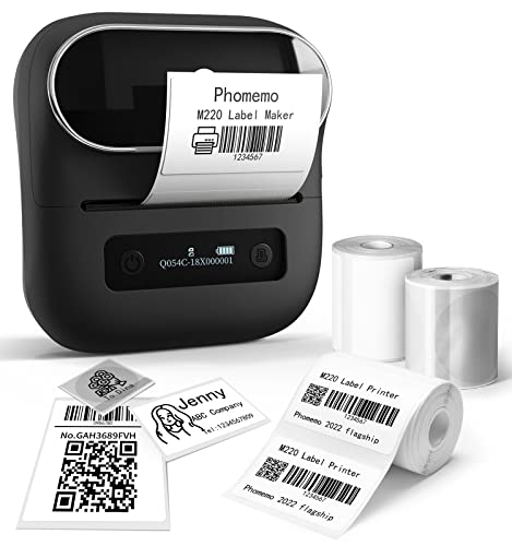 Phomemo M220 Label Maker - 3.14 inch Barcode Label Printer, Portable Bluetooth Sticker Maker Machine for Mailing, Labeling, Home, Small Business, Compatible with iOS/Android, with 3 Roll Labels
