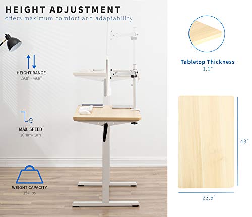 VIVO Manual Height Adjustable 43 x 24 inch Stand Up Desk, Light Wood Solid One-Piece Table Top, White Frame, Standing Workstation with Hand Crank, DESK-KIT-CW4C