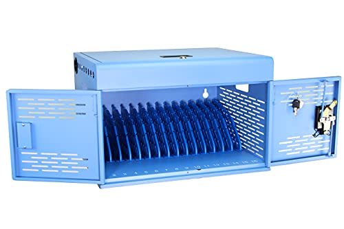 16-Unit Charging Cabinet for Laptops & Tablets - Locking Laptop Storage Box for Classroom, Library, and Office - Cable Management, Charger Storage, and Ground Protection (Blue)