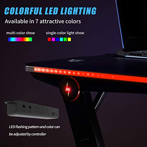 Depointer Gaming Desk LED Lights Z-Shaped Ergonomic Computer Desk Comfortable for PC Gamers Home/Office Durable Racing Table Workstation with Oversized Gaming Platform Surface, Headphone Hook