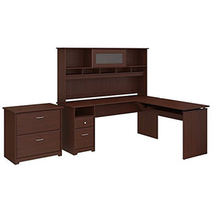 Bush Furniture Cabot 72W 3 Position L Shaped Sit to Stand Desk with Hutch and File Cabinet in Harvest Cherry