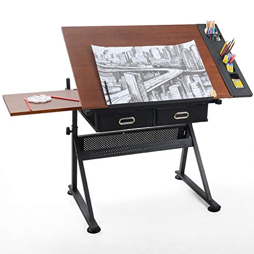 Lgan Height Adjustable Drawing Desk, Tiltable Craft Table with Storage, Maple Panel Art Desk, for Home Office Drafting Table