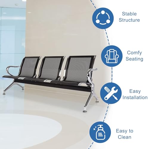 Kinbor Reception Guest Chairs Set of 2 - Waiting Room Bench with Arms for Office, Airport, Bank, Hospital, School, Barbershop - Black