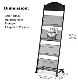 HAUTHE Magazine Holder/Storage Rack with Wheels, 4 Pockets - Floor-Standing Literature Organizer