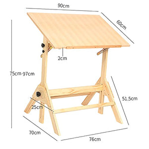 Teerwere Drafting Table Solid Wood Painting Table Oil Painting Table Adjustable Height Tilt Tabletop Fine Art Painting Table Drawing Table (Color : Natural, Size : 90x60x75CM)