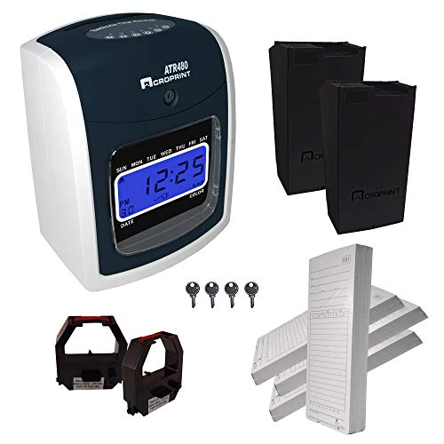 Acroprint ATR480 Automatic Totalizing Time Clock Bundle, 200 Cards, 2 Ribbons, 2 Racks, 4 Keys