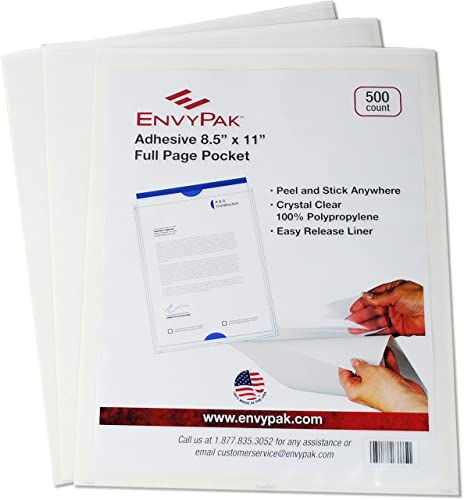 EnvyPak Full Page Pocket/Holder, Peel and Stick Adhesive, Top Loading, Clear, Holds 8.5” x 11” Sheet - Box of 500