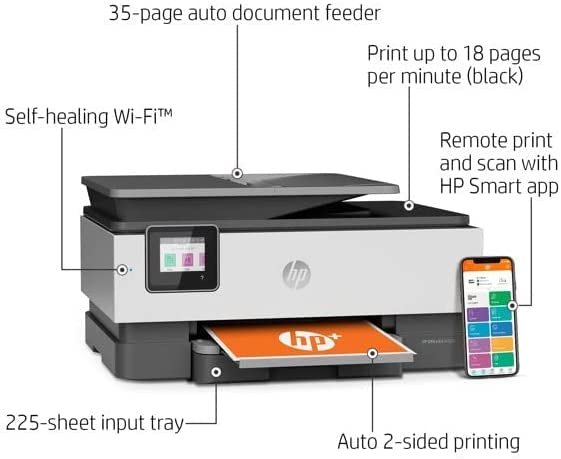HP OfficeJet 8022e Wireless Inkjet Color All-in-One Printer, Print Copy Scan Fax, Instant Ink Ready, 35 Sheet ADF, WiFi USB Connectivity, 6 Months Free Instant Ink,White, W/Silmarils Printer Cable
