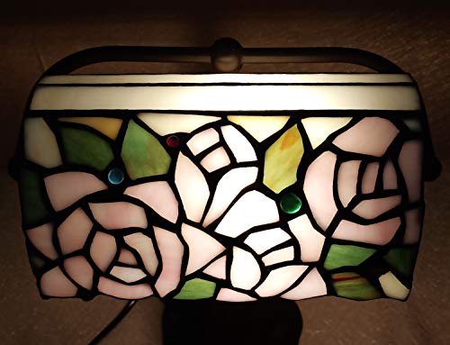 HT Tiffany Style Traditional Banker’s Desk Lamp, Rose Stained Glass Shade Cast Iron Base