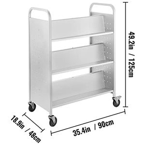 VEVOR Library Cart, 200lbs Rolling Book Cart with Lockable Wheels, 35x19x49 Inch, White