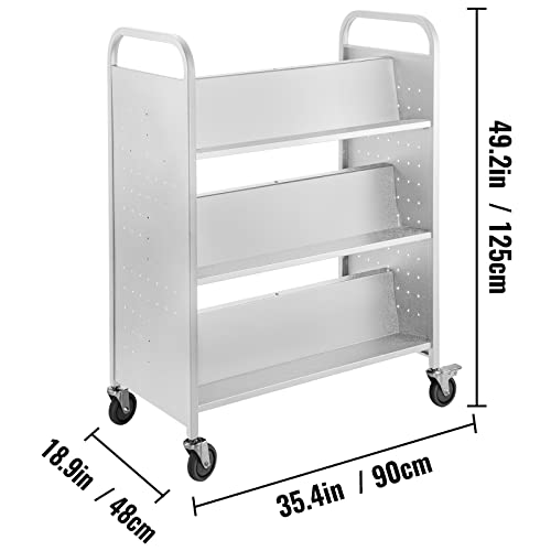 VEVOR Library Book Cart, 200lbs Capacity, Double Sided with Lockable Wheels, White