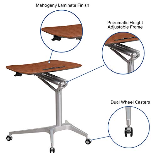 Flash Furniture Mobile Sit-Down, Stand-Up Mahogany Computer Ergonomic Desk with 28.25''W Top (Adjustable Range 29'' - 41'')