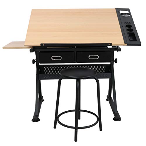 Drawing Table Adjustable Folding, Designer Architect, Drafting Table Art & Craft Drawing Desk with Drawer Comfortable Work Space Workstation Home, Office, Studio, or School