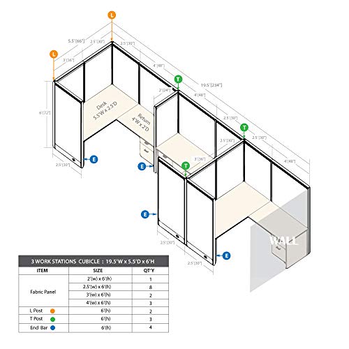 G GOF 3 Person Separate Workstation Cubicle (5.5'D x 19.5'W x 4'H) - Office Partition, Room Divider