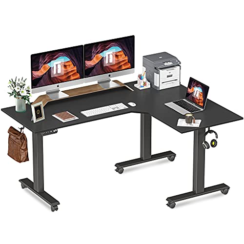 FEZIBO Triple Motor L-Shaped Electric Standing Desk, 63 inches Height Adjustable Stand Up Corner Desk, Sit Stand Workstation with Splice Board, Black Frame/Black Top