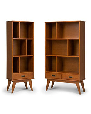 Simpli Home 3AXCDRP-12-TK Draper Solid Hardwood 64 inch x 22 inch Mid Century Modern Bookcase and Storage Unit in Teak Brown
