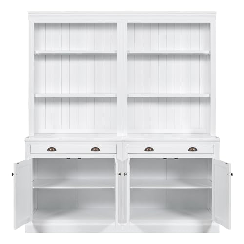 VilroCaz Modern Tall Bookshelf Suite with Cabinet and Drawer - Solid Wood Storage Bookcase (White-2C)