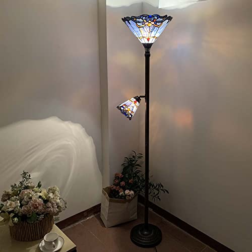 Bieye Baroque Tiffany Style Stained Glass Torchiere Floor Lamp, 71-inch Tall