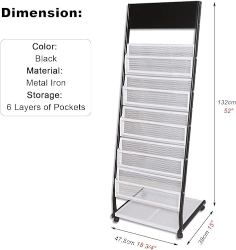 WEBERT Floor Standing Magazine Rack 6-Layer Brochure Display Stand with Wheels