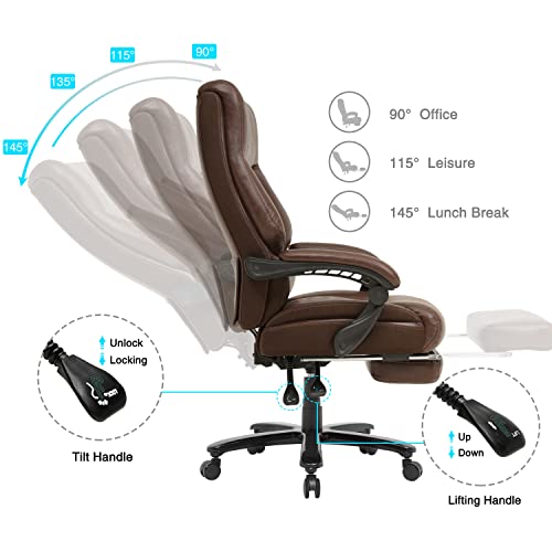 BOWTHY Reclining Office Chair with Footrest - Big and Tall 400lbs - Brown PU Leather Executive Desk Chair