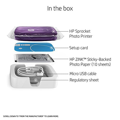 HP Sprocket Portable Photo Printer, Print Social Media Photos on 2x3 Sticky-Backed Paper - Purple (Z9L25A)