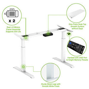 53" Dual Motor Electric Standing Desk with Whole One-Piece Desk Top, Adjustable Stand Up USB Office Workstation, White, 53"X27.5" Top, 47" Height and Memory Presets with USB Ports, Support 220 Lbs