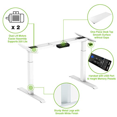 53" Dual Motor Electric Standing Desk with Whole One-Piece Desk Top, Adjustable Stand Up USB Office Workstation, White, 53"X27.5" Top, 47" Height and Memory Presets with USB Ports, Support 220 Lbs