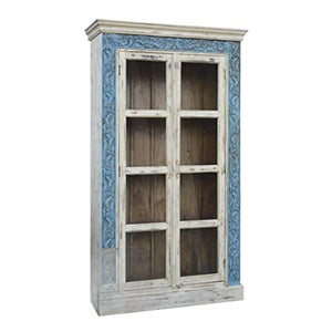 Generic Hand Carved Solid Wood Open Bookcase White/Blue Finish - Boho Indian Cabinet