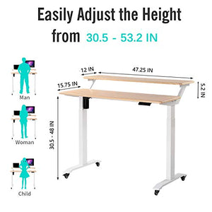 UNICOO - 2 Tier Electric Height Adjustable Standing Desk, Electric Standing Workstation Home Office Sit Stand Up Desk (Light Oak Top/White Legs - Electric- 2 Tier)