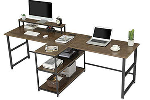 Sedeta 94.5 inches Computer Desk, Two Person Desk, Double Desk with Storage Shelves, Extra Long Workstation Desk with Monitor Stand, Power Strip with USB, Study Writing Desk for Home Office, Walnut