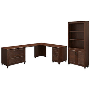 kathy ireland Home by Bush Furniture Volcano Dusk 68W x 91D L Shaped Desk with Bookcase and 2 Pedestals in Coastal Cherry
