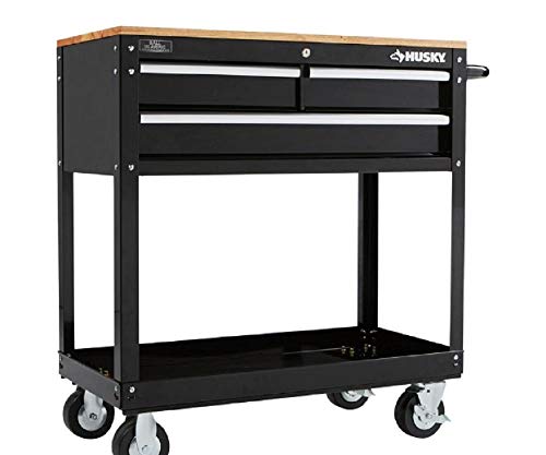 Husky 36 in. 3-Drawer Rolling Tool Cart with Wood Top, Black