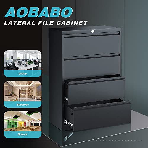 Aobabo Metal Lateral File Cabinet with Lock, Large Drawer, 35.43" Wide, Black, 4 Drawer