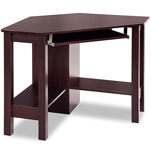 Brown Wooden Home Office Corner Student Modern Computer Desk Laptop Notebook PC Workstation Study Writing Reading Versatile Multifunctional Multipurpose Table Keyboard Shelf 2 Open Storage Space